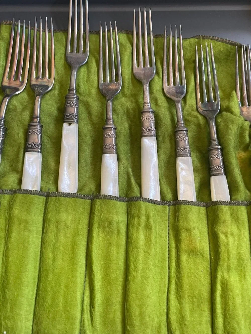 Vintage Mother of Pearl Handle Fork Set – Ornate Silver Plate Collars – 12pc